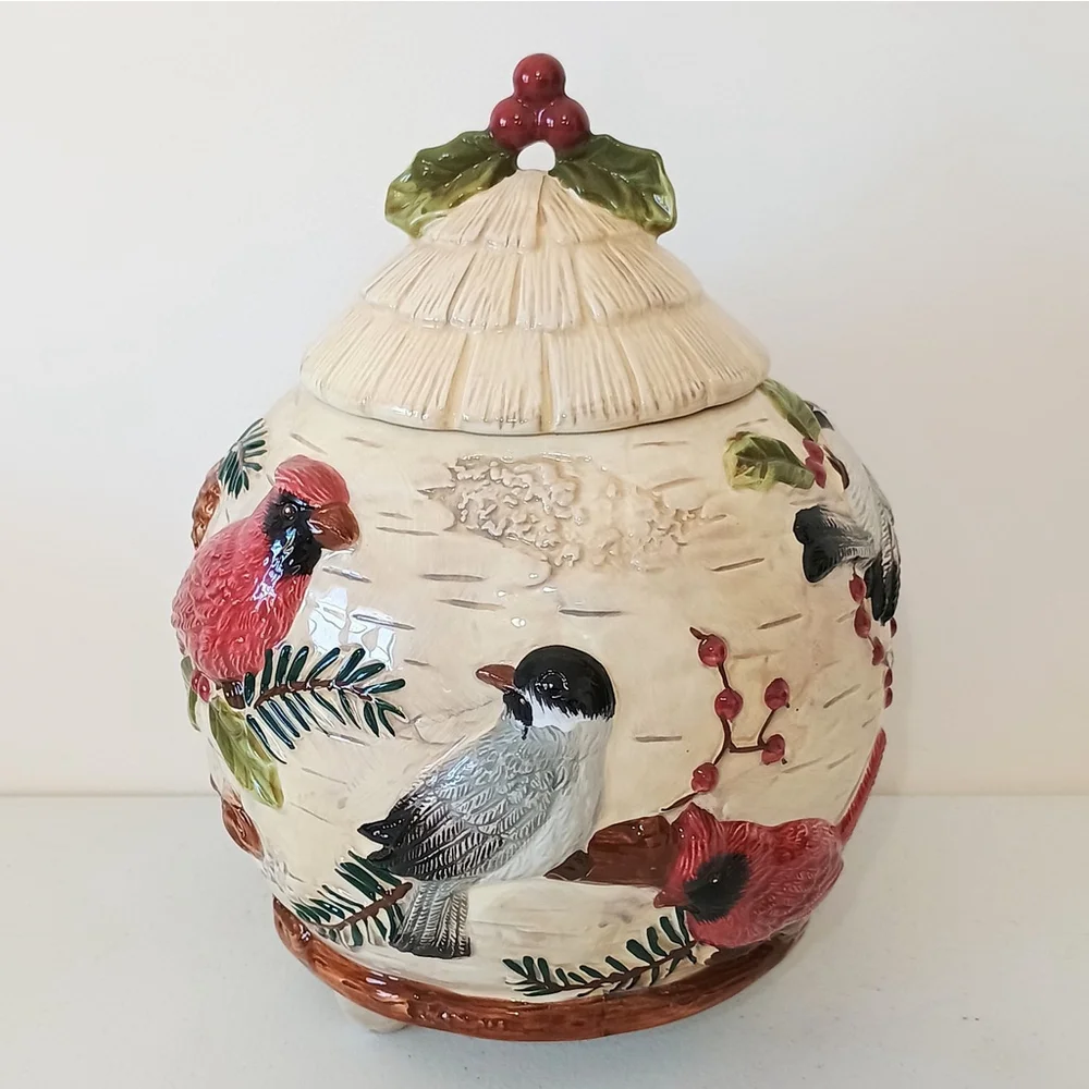 Sonoma Home Goods 3D Birds Ceramic Cookie Jar Cardinal Chickadee Berries